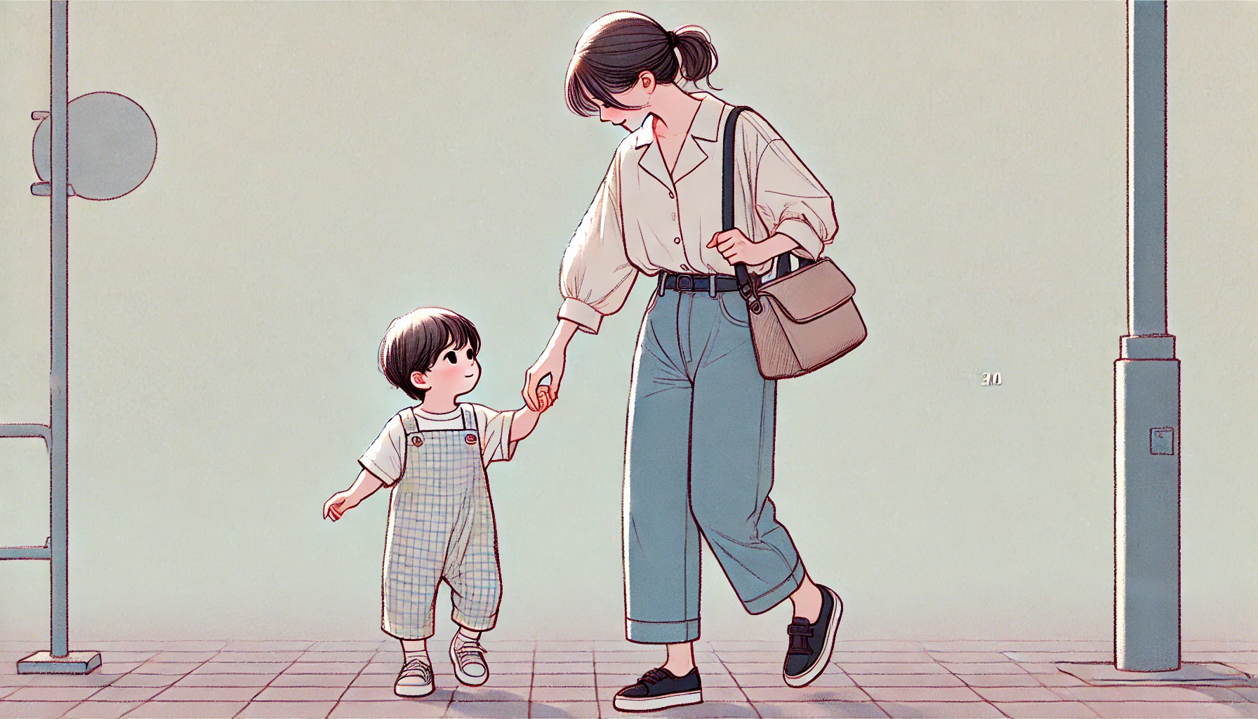 道路を歩く親子